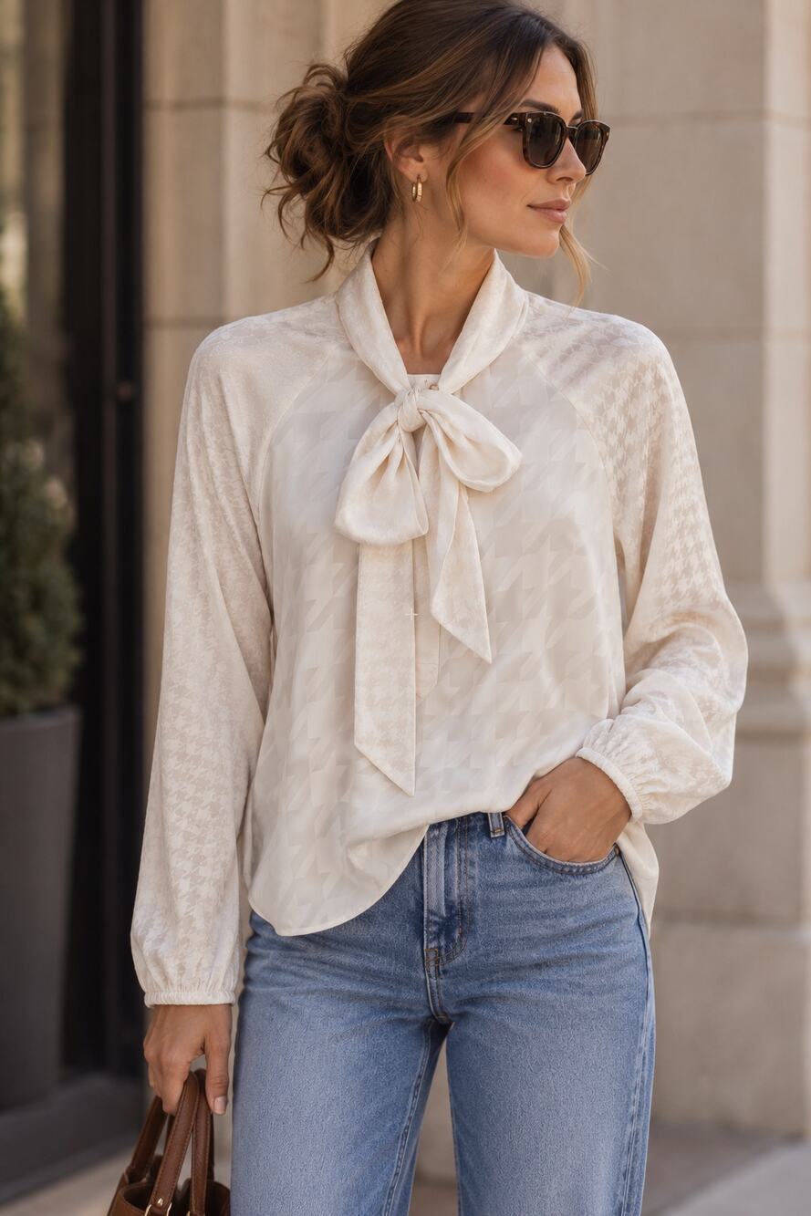 MOS MOSH Saloni Alia Blouse size XS Ivory Houndstooth Bow